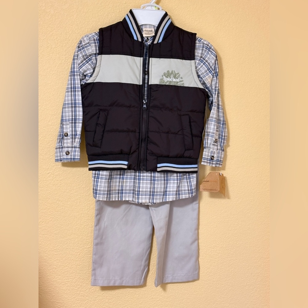 Timberland Boys Outfit 3 Pc Set Vest Shirt Pants Size 4T Outdoor